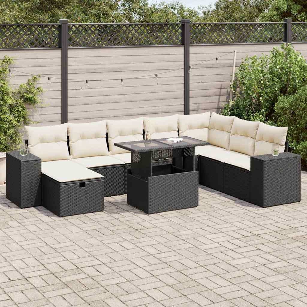 Set mobilier de grădină cu perne, 9 piese, negru, poliratan