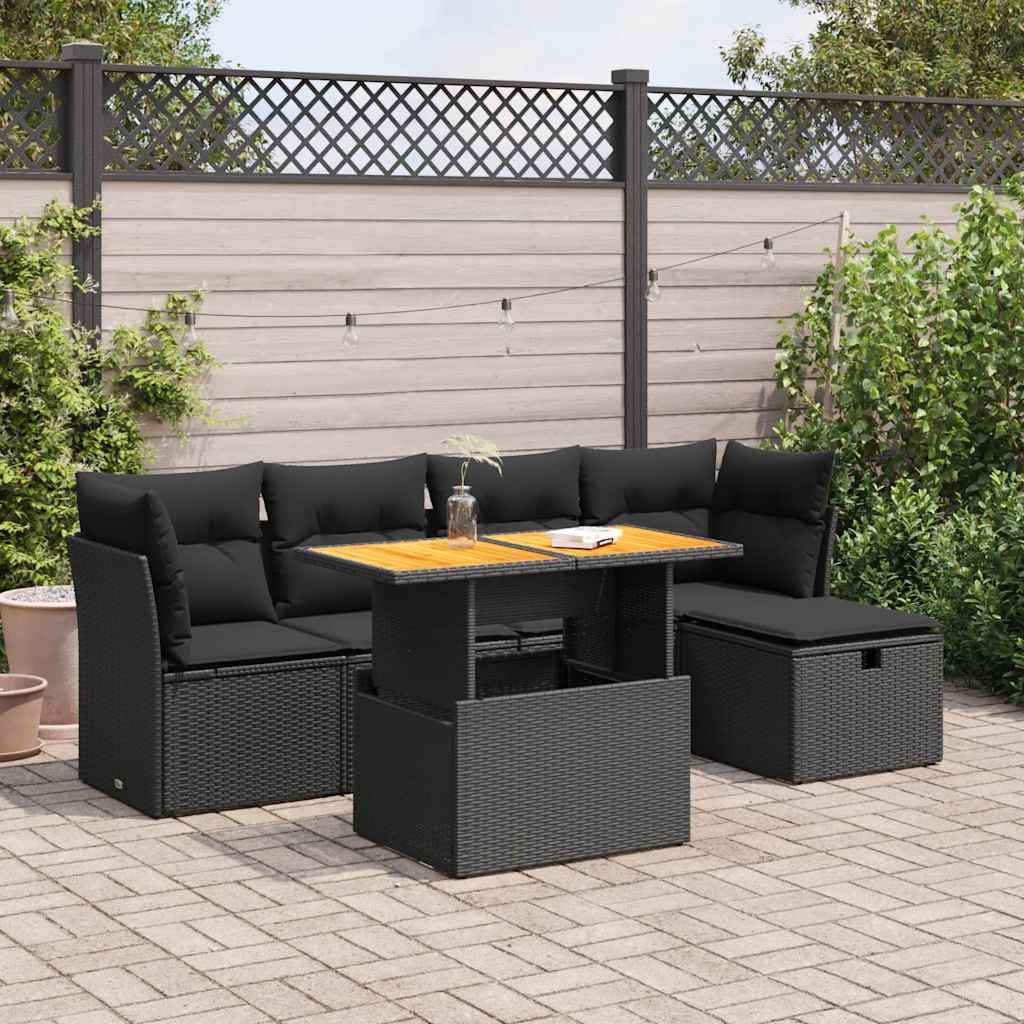 Set mobilier grădină perne 6 piese negru poliratan/lemn acacia