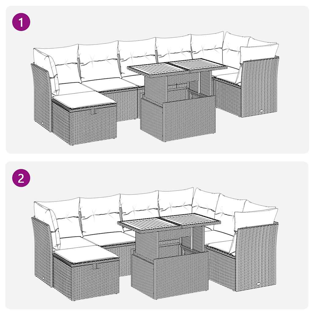 Set mobilier grădină perne 8 piese negru, poliratan/lemn acacia