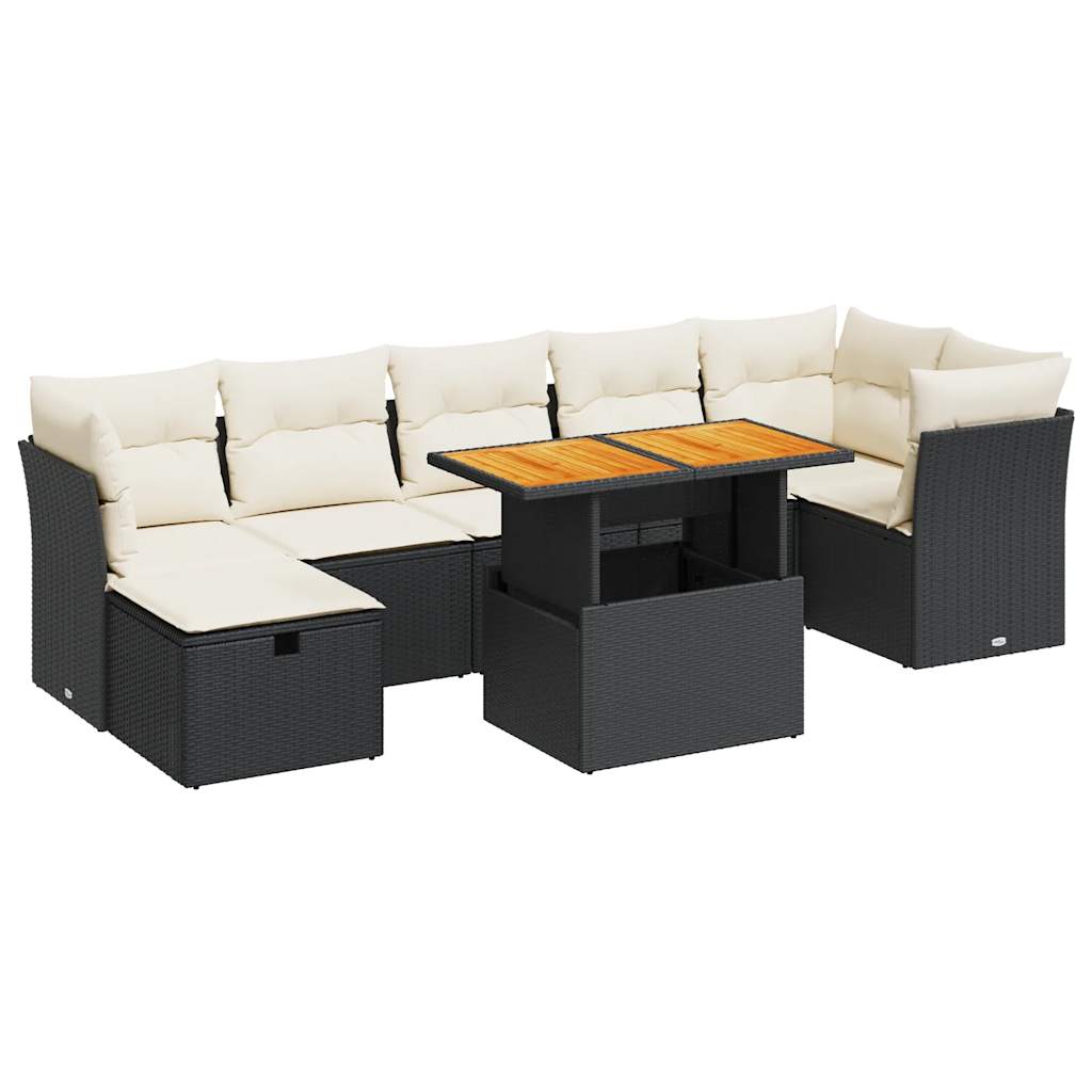 Set mobilier grădină perne 8 piese negru, poliratan/lemn acacia