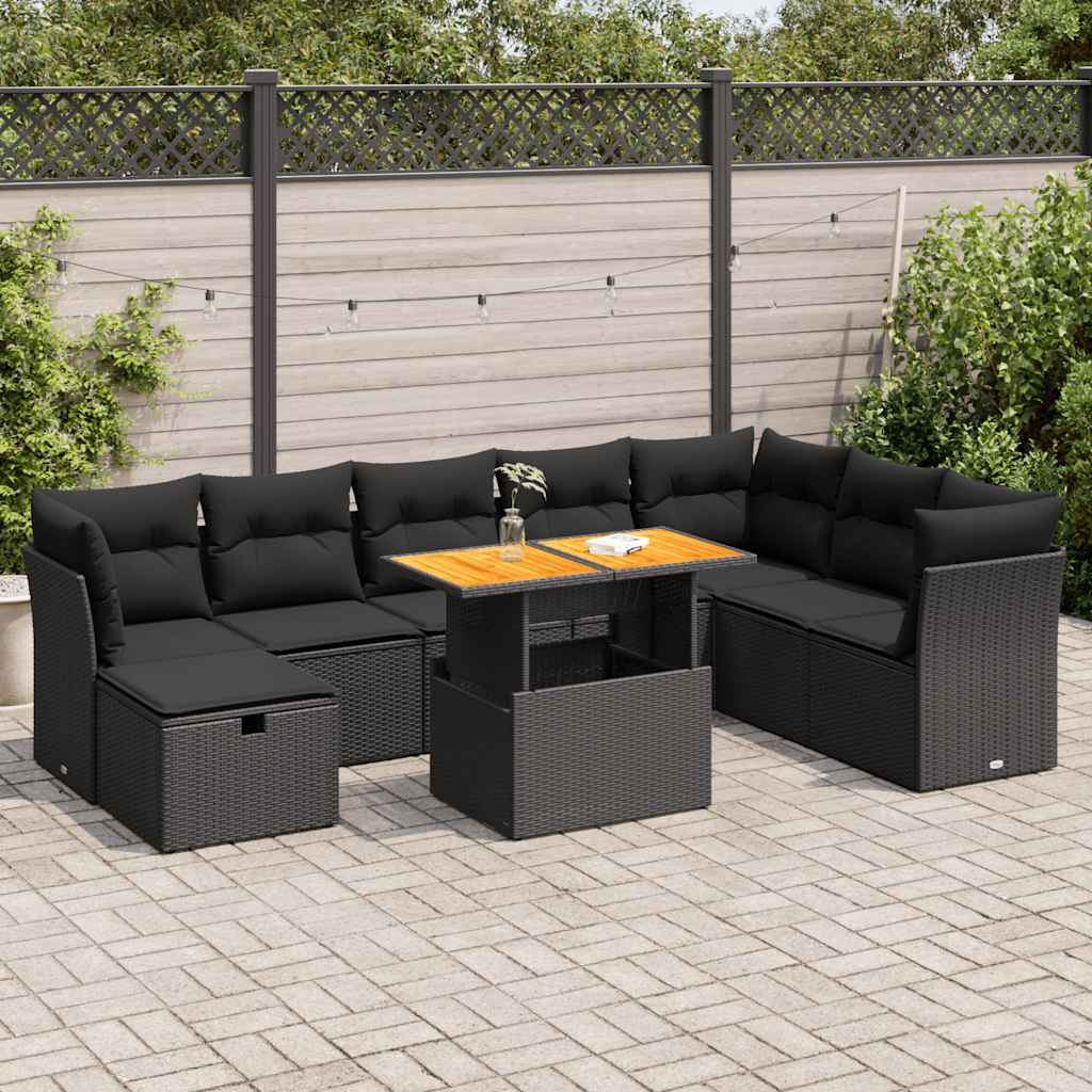 Set mobilier grădină perne 9 piese negru poliratan/lemn acacia