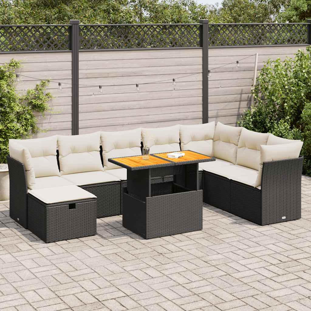 Set mobilier grădină perne 9 piese negru poliratan/lemn acacia