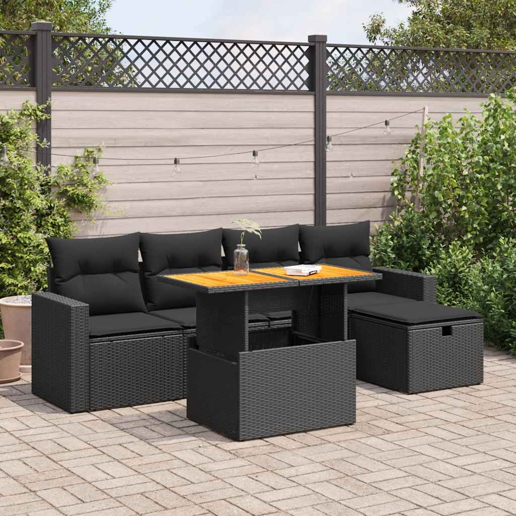 Set mobilier grădină perne 6 piese negru poliratan/lemn acacia