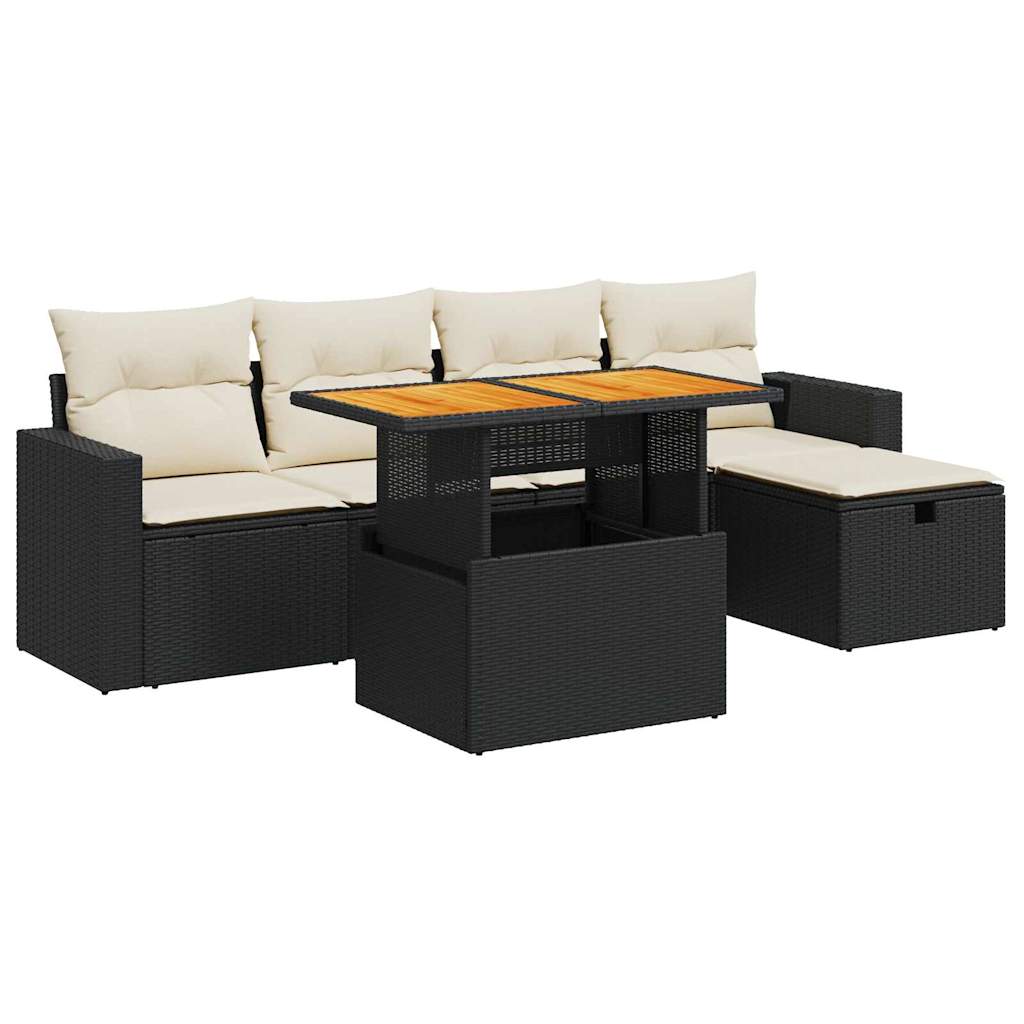 Set mobilier grădină perne 6 piese negru poliratan/lemn acacia