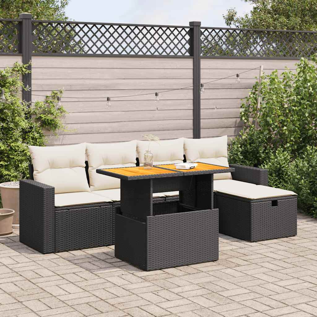 Set mobilier grădină perne 6 piese negru poliratan/lemn acacia