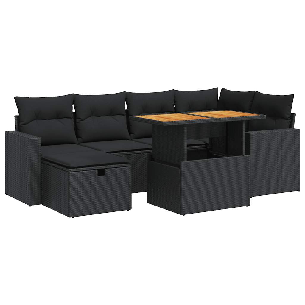 Set mobilier grădină perne 8 piese negru, poliratan/lemn acacia