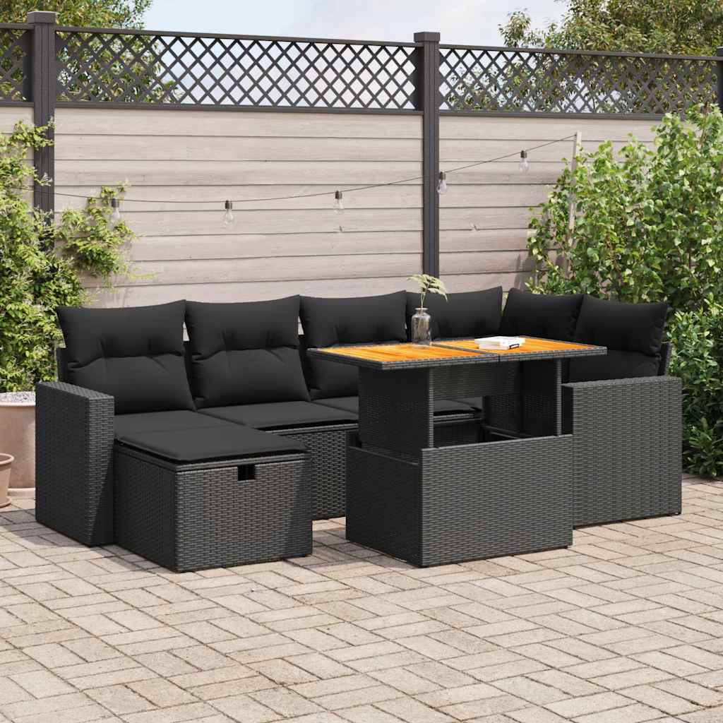 Set mobilier grădină perne 8 piese negru, poliratan/lemn acacia