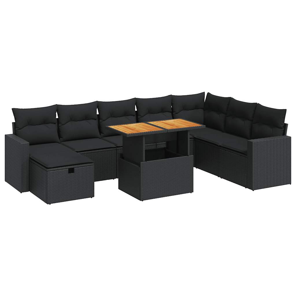 Set mobilier grădină perne 9 piese negru poliratan/lemn acacia