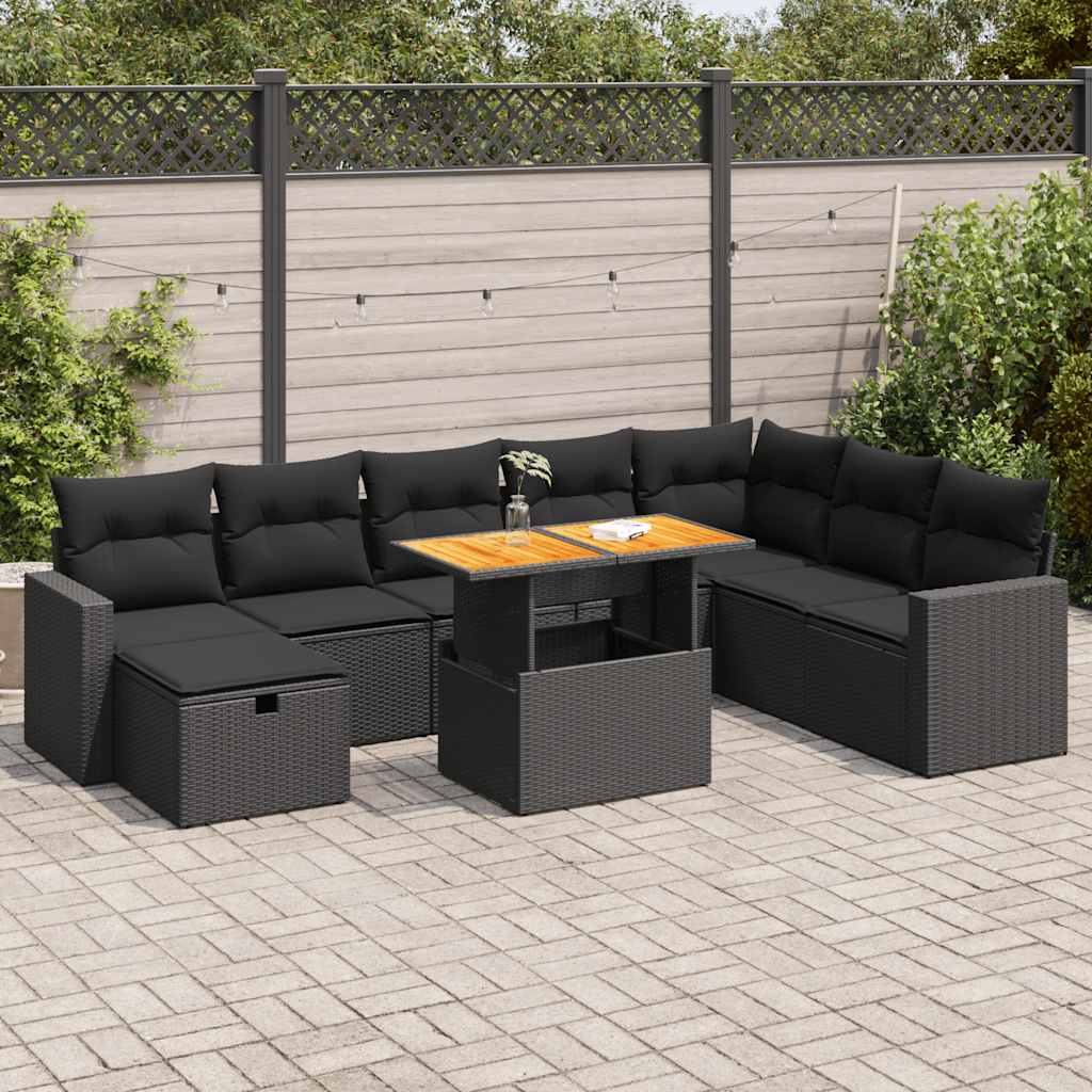 Set mobilier grădină perne 9 piese negru poliratan/lemn acacia