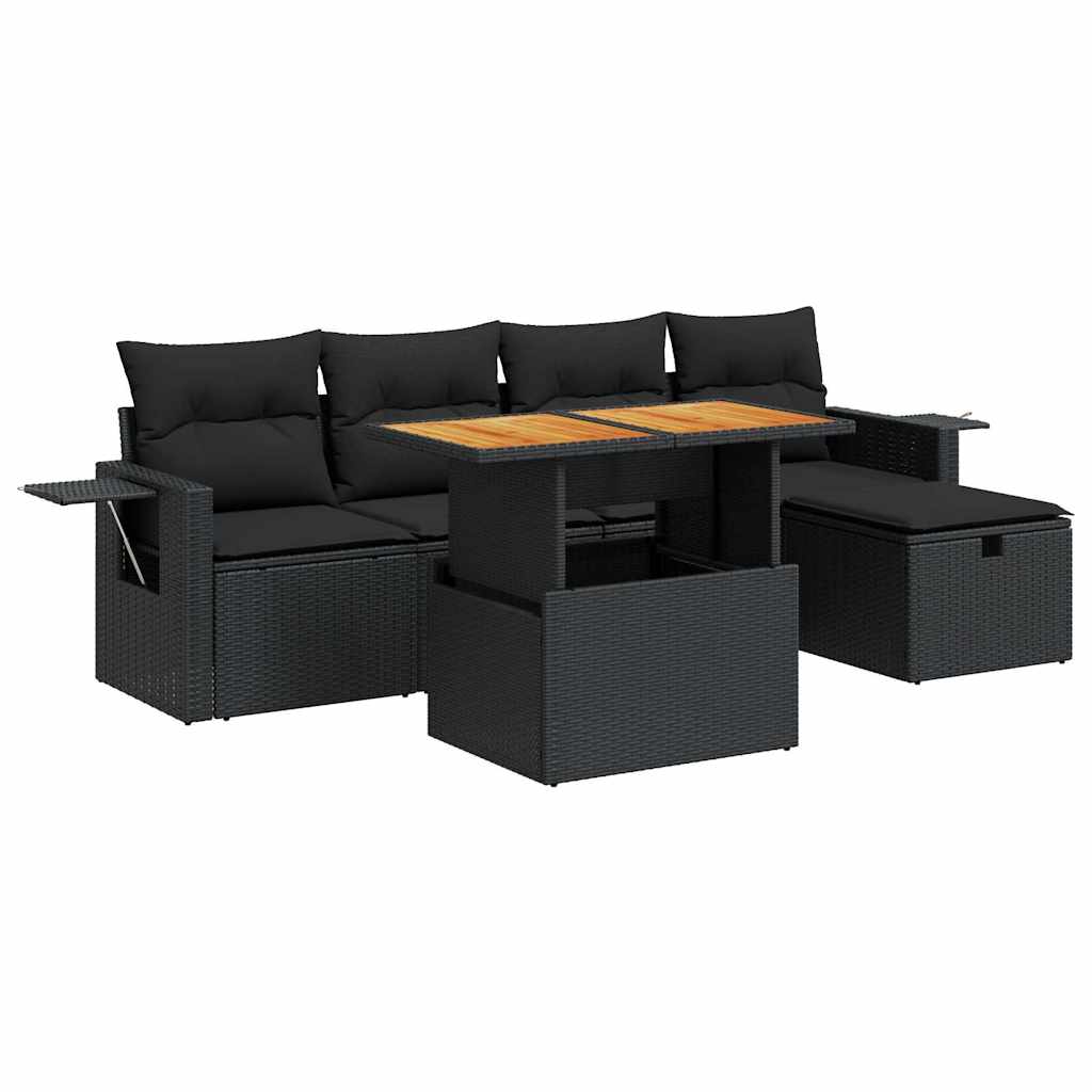 Set mobilier grădină perne 6 piese negru poliratan/lemn acacia