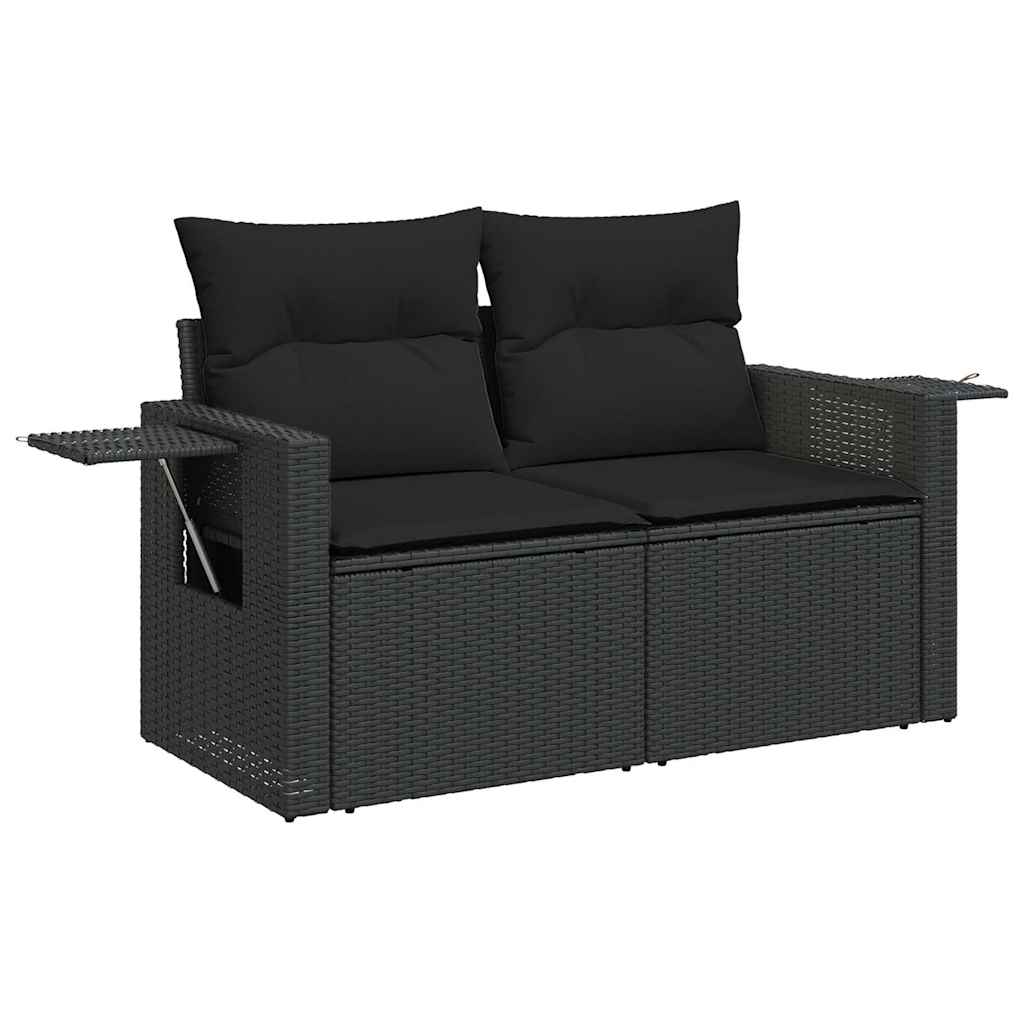 Set mobilier grădină perne 6 piese negru poliratan/lemn acacia