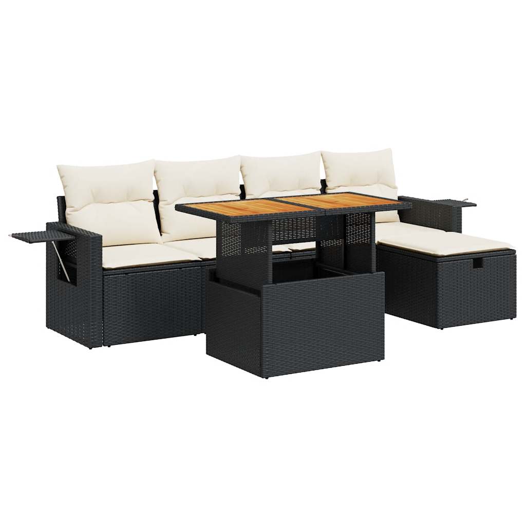 Set mobilier grădină perne 6 piese negru poliratan/lemn acacia