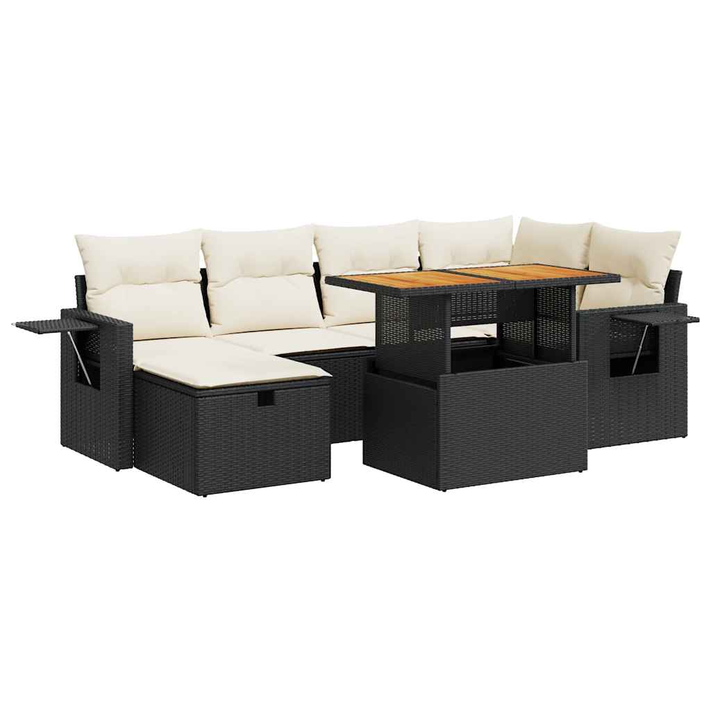 Set mobilier grădină perne 8 piese negru, poliratan/lemn acacia