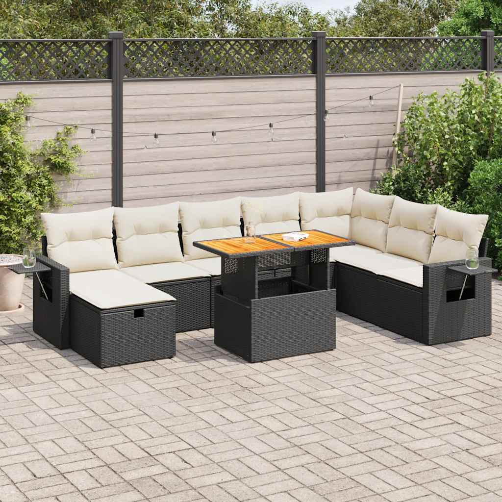 Set mobilier grădină perne 9 piese negru poliratan/lemn acacia