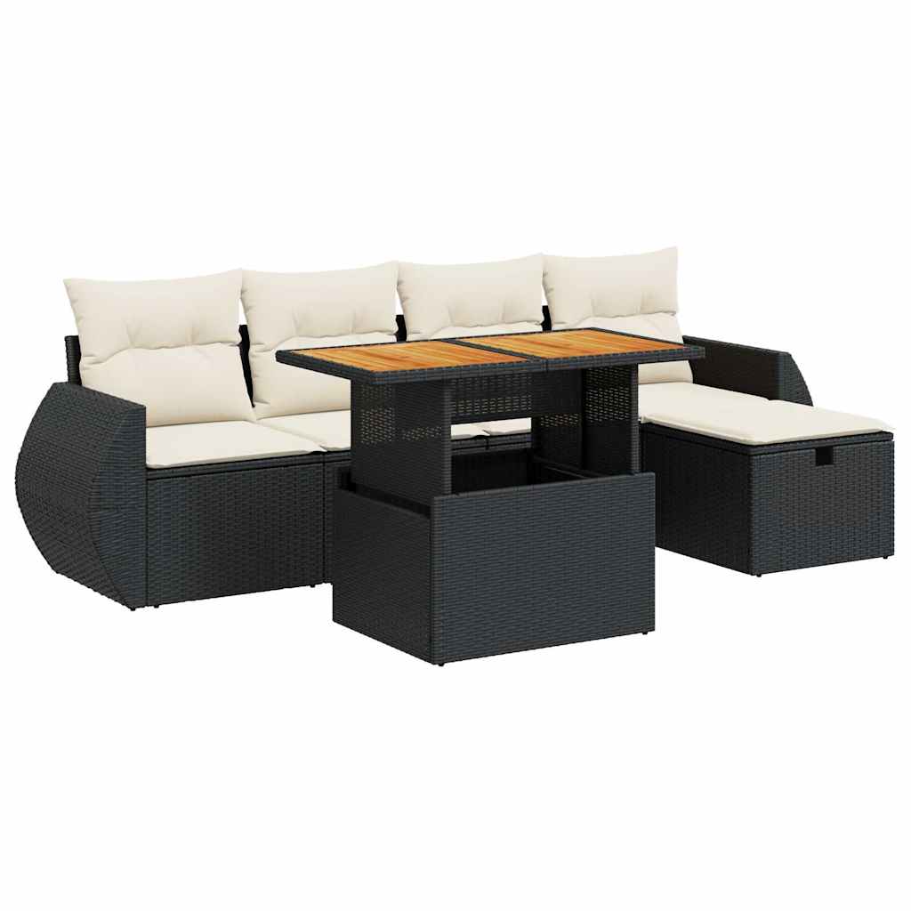 Set mobilier grădină perne 6 piese negru poliratan/lemn acacia