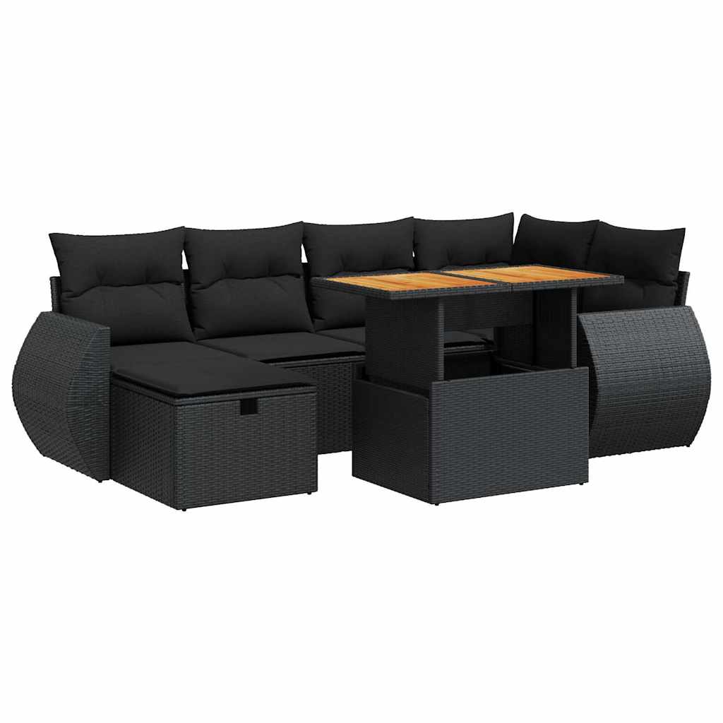 Set mobilier grădină perne 8 piese negru, poliratan/lemn acacia