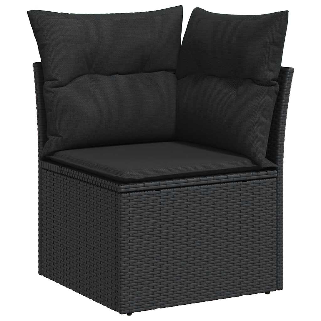 Set mobilier grădină perne 8 piese negru, poliratan/lemn acacia