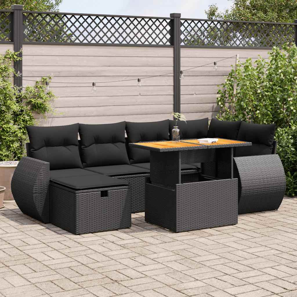 Set mobilier grădină perne 8 piese negru, poliratan/lemn acacia