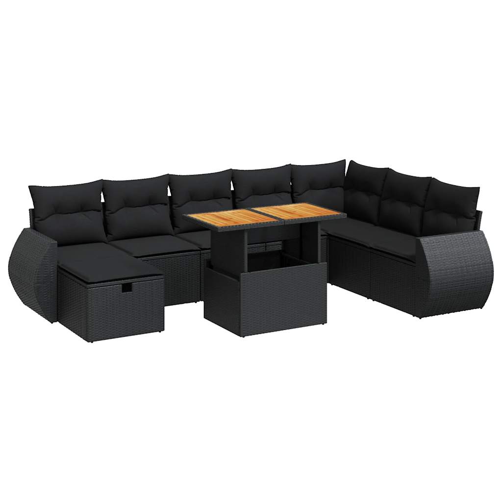 Set mobilier grădină perne 9 piese negru poliratan/lemn acacia