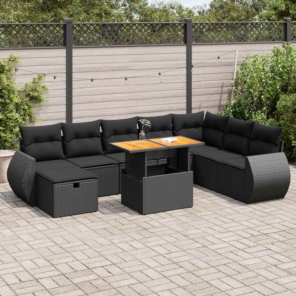 Set mobilier grădină perne 9 piese negru poliratan/lemn acacia