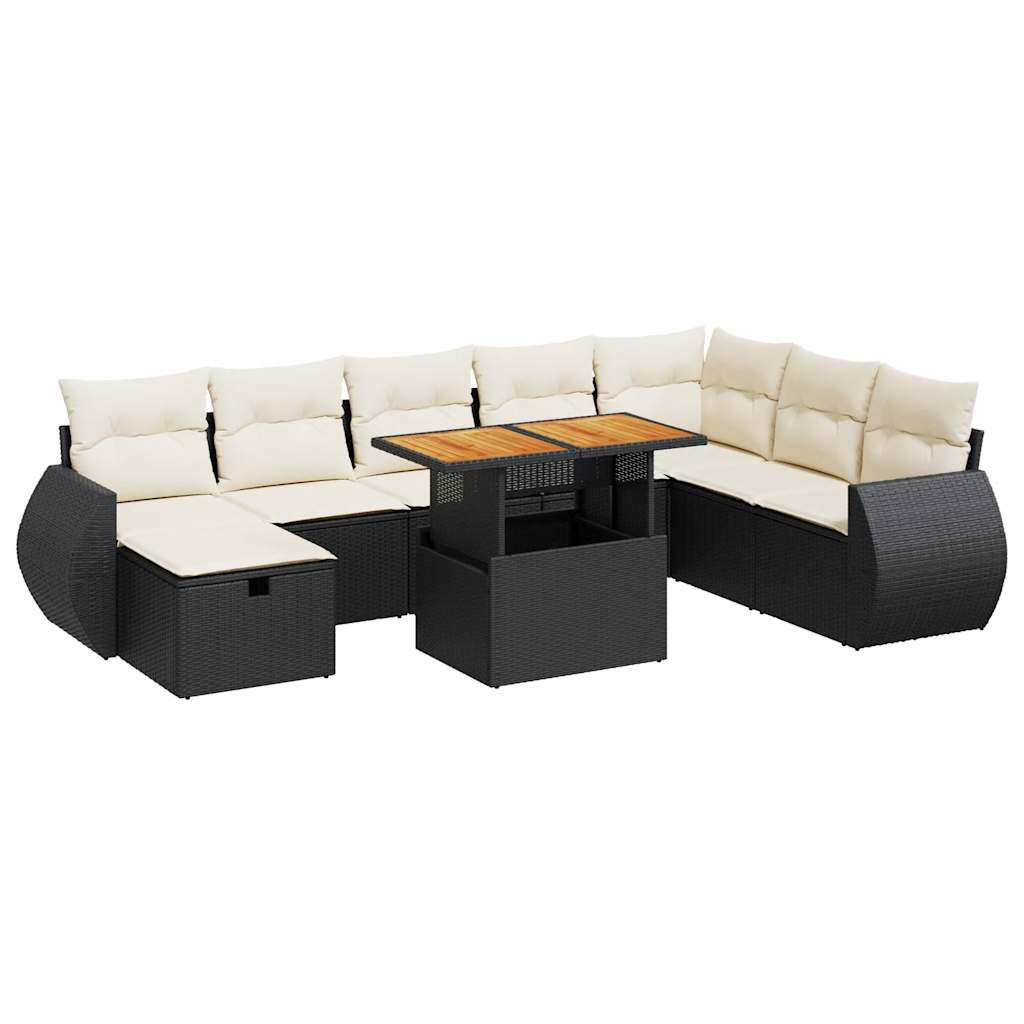 Set mobilier grădină perne 9 piese negru poliratan/lemn acacia