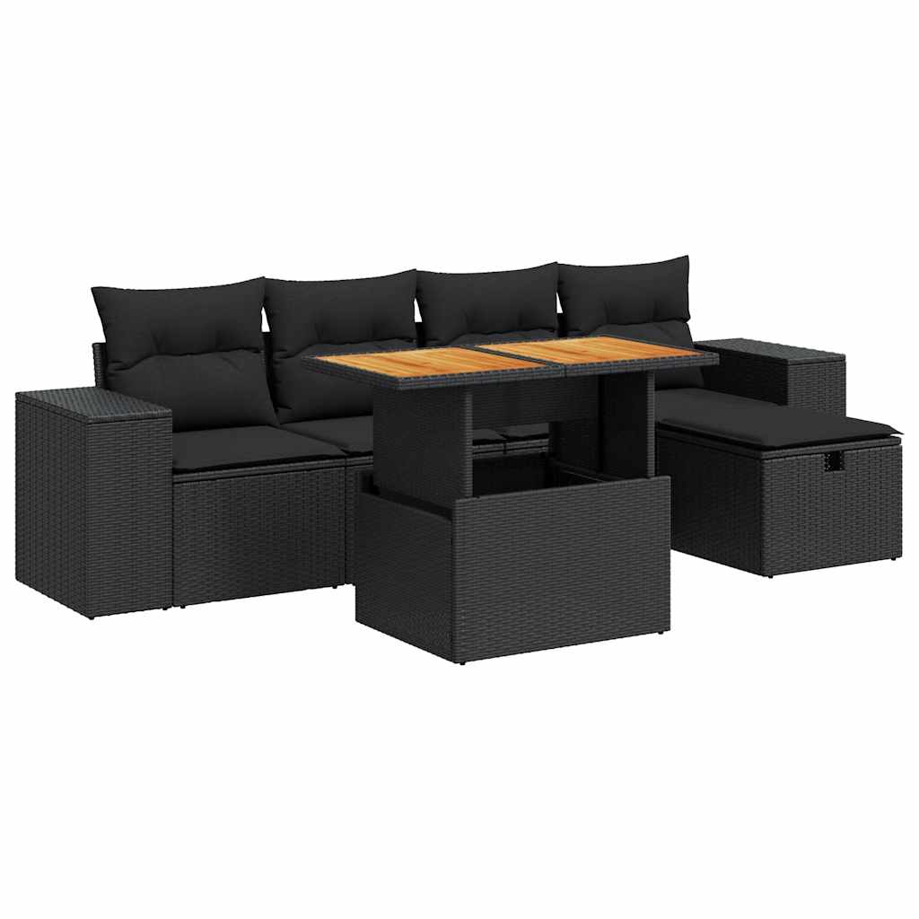 Set mobilier grădină perne 6 piese negru poliratan/lemn acacia