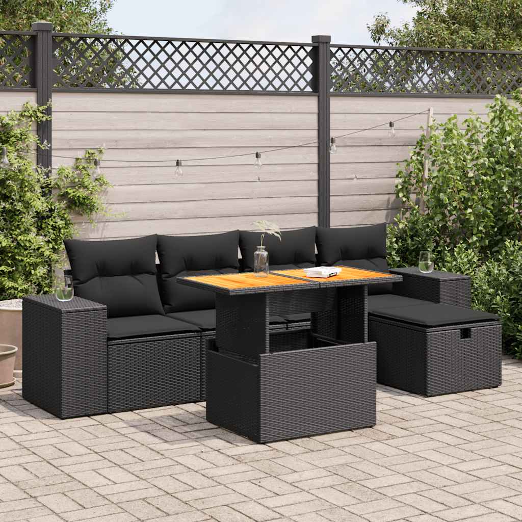 Set mobilier grădină perne 6 piese negru poliratan/lemn acacia