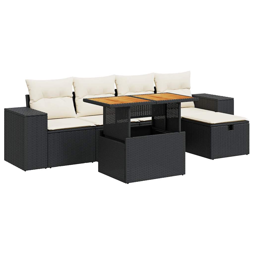 Set mobilier grădină perne 6 piese negru poliratan/lemn acacia