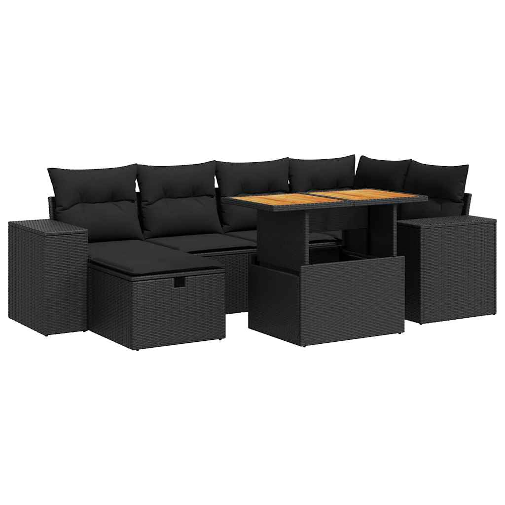 Set mobilier grădină perne 8 piese negru, poliratan/lemn acacia