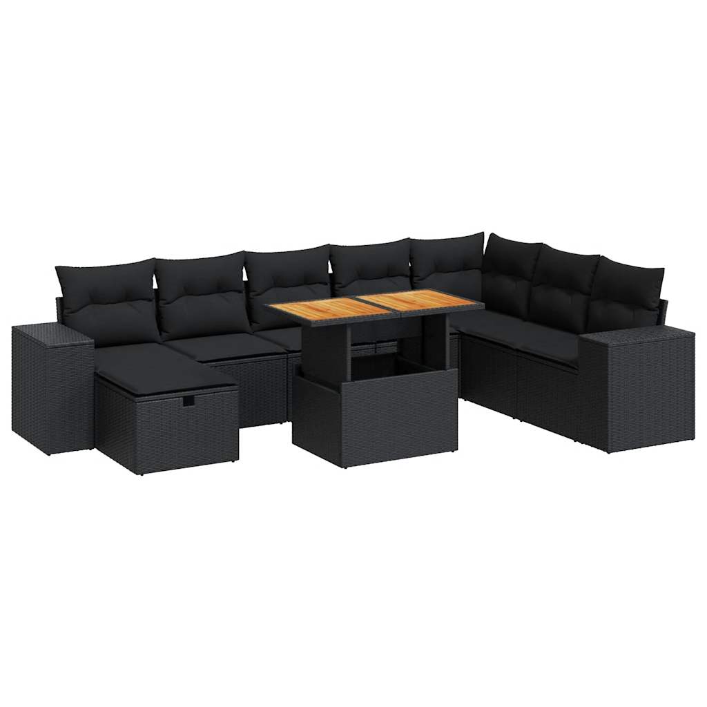 Set mobilier grădină perne 9 piese negru poliratan/lemn acacia