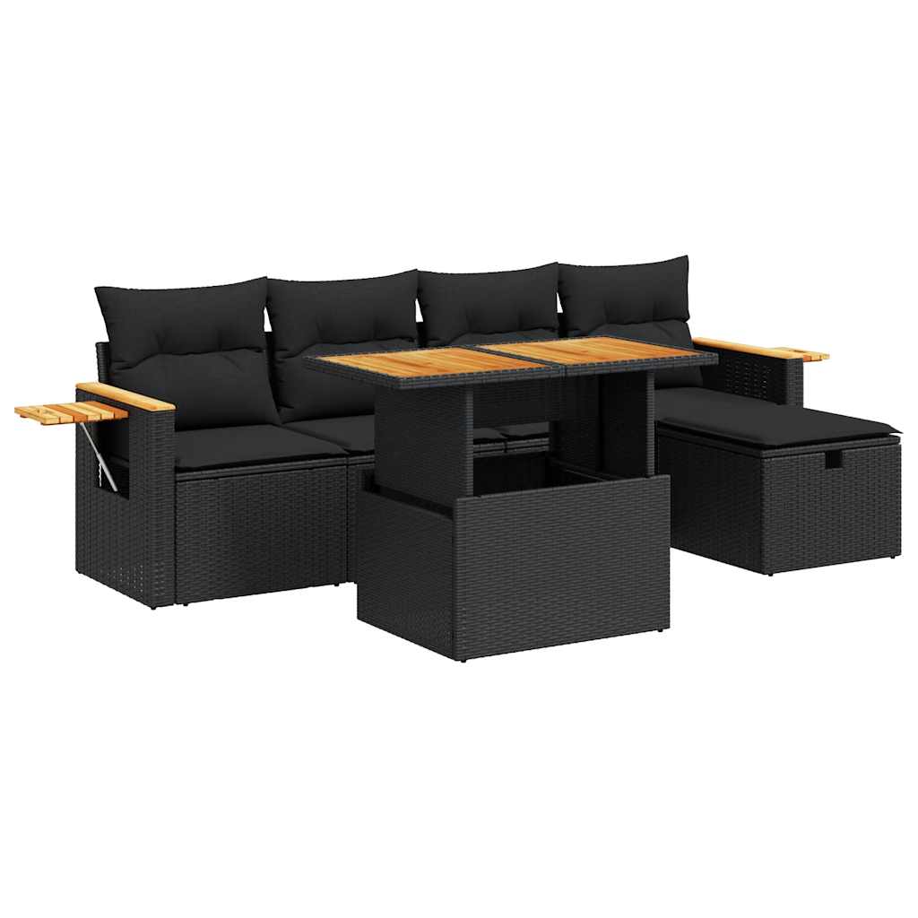 Set mobilier de grădină cu perne, 6 piese, negru, poliratan