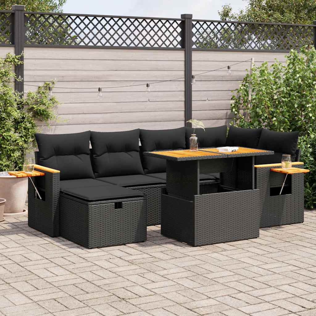 Set mobilier de grădină cu perne, 8 piese, negru, poliratan