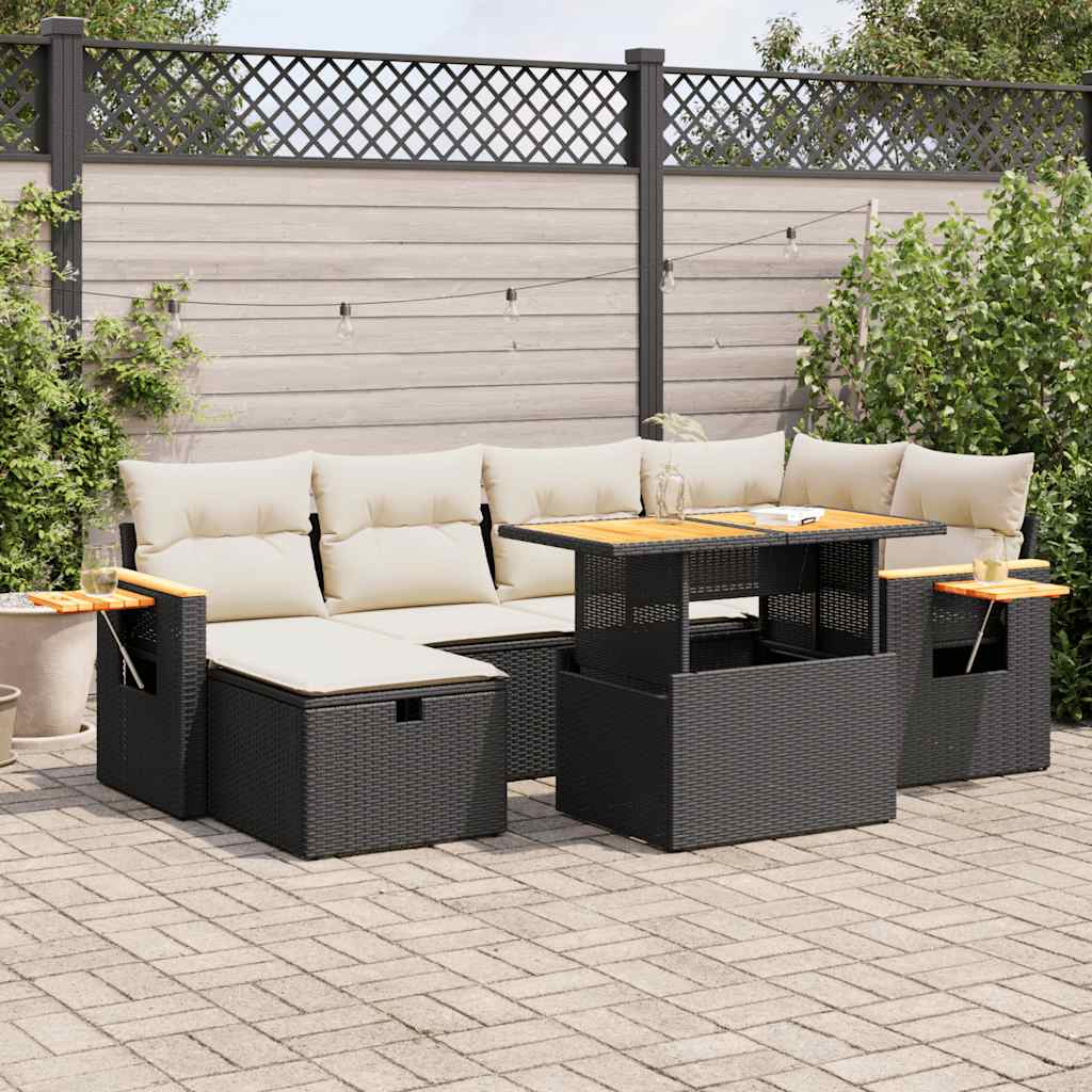 Set mobilier de grădină cu perne, 8 piese, negru, poliratan