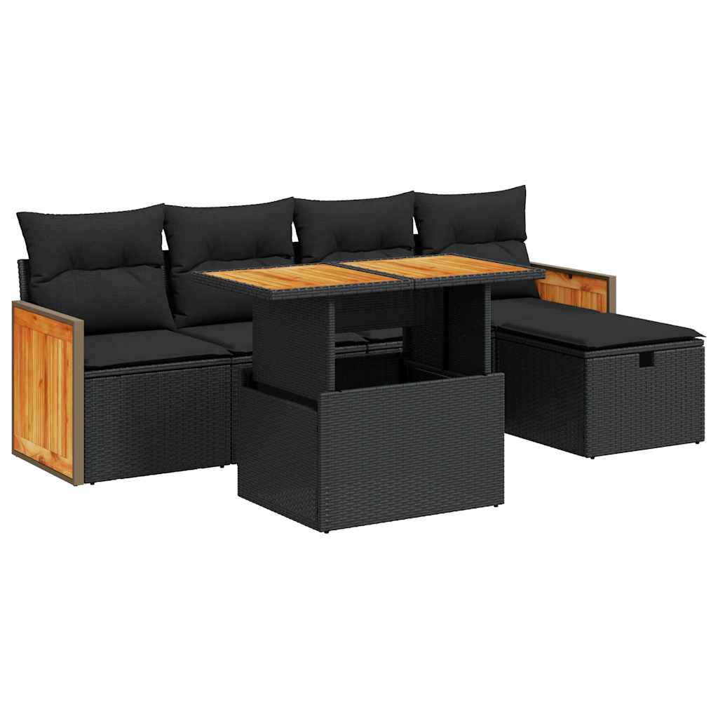 Set mobilier de grădină cu perne, 6 piese, negru, poliratan