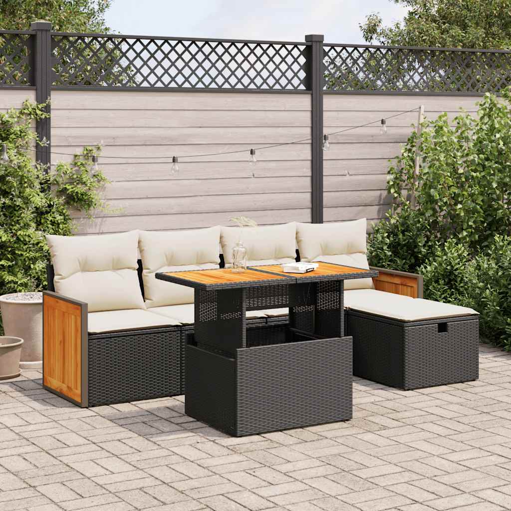 Set mobilier de grădină cu perne, 6 piese, negru, poliratan