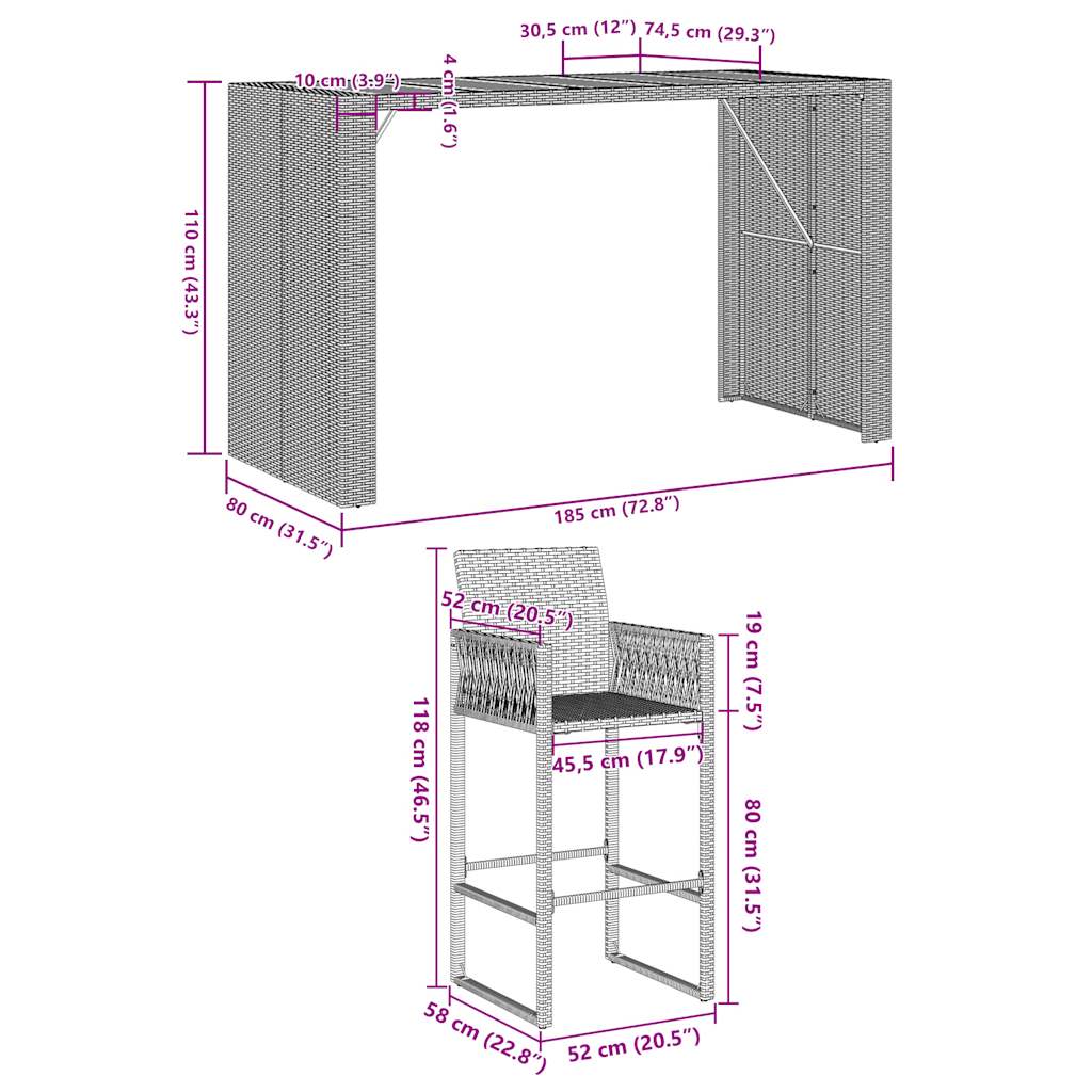 Set mobilier bar de grădină fără perne 7 piese negru poliratan