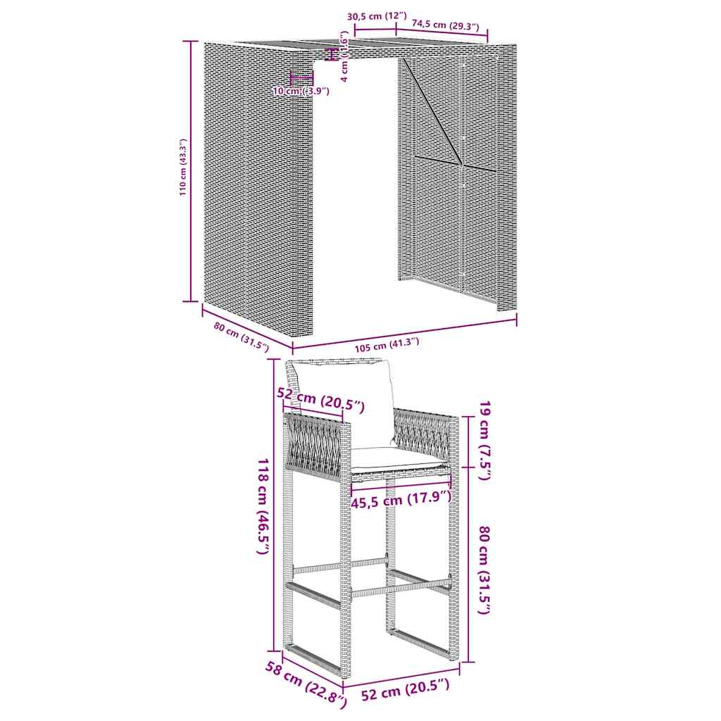 Set mobilier bar de grădină, cu perne, 3 piese, gri, poliratan