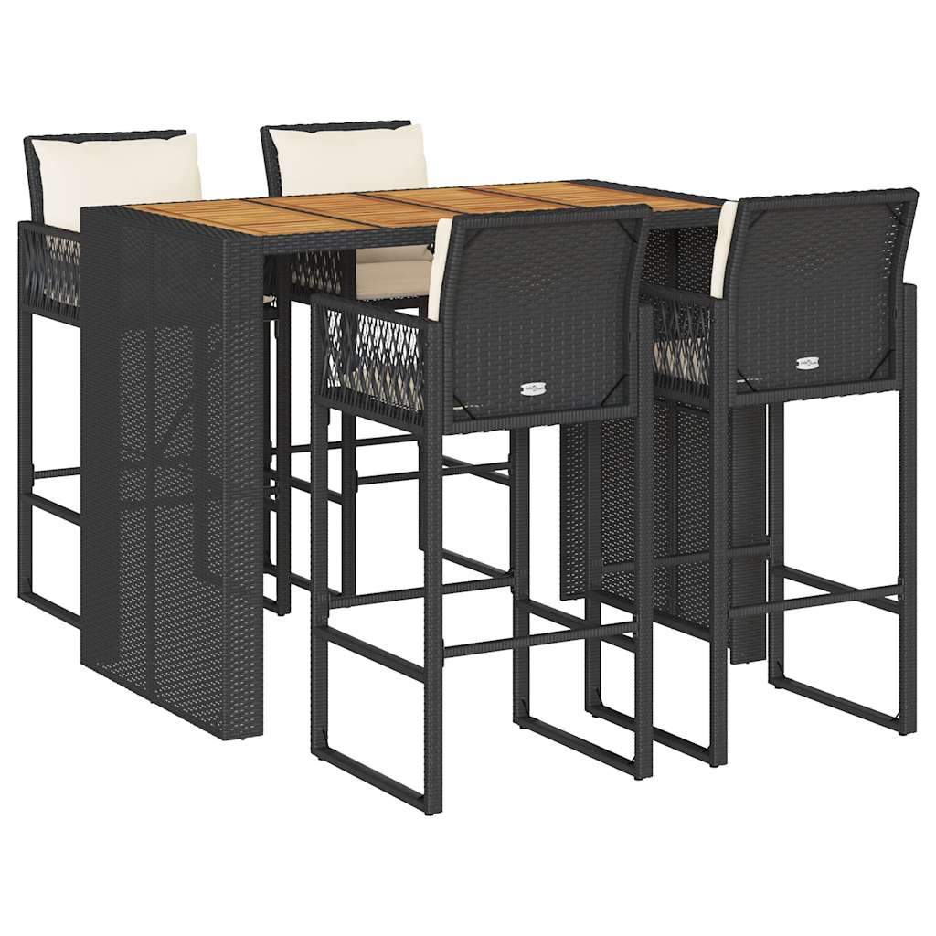 Set mobilier bar de grădină cu perne, 5 piese, negru, poliratan