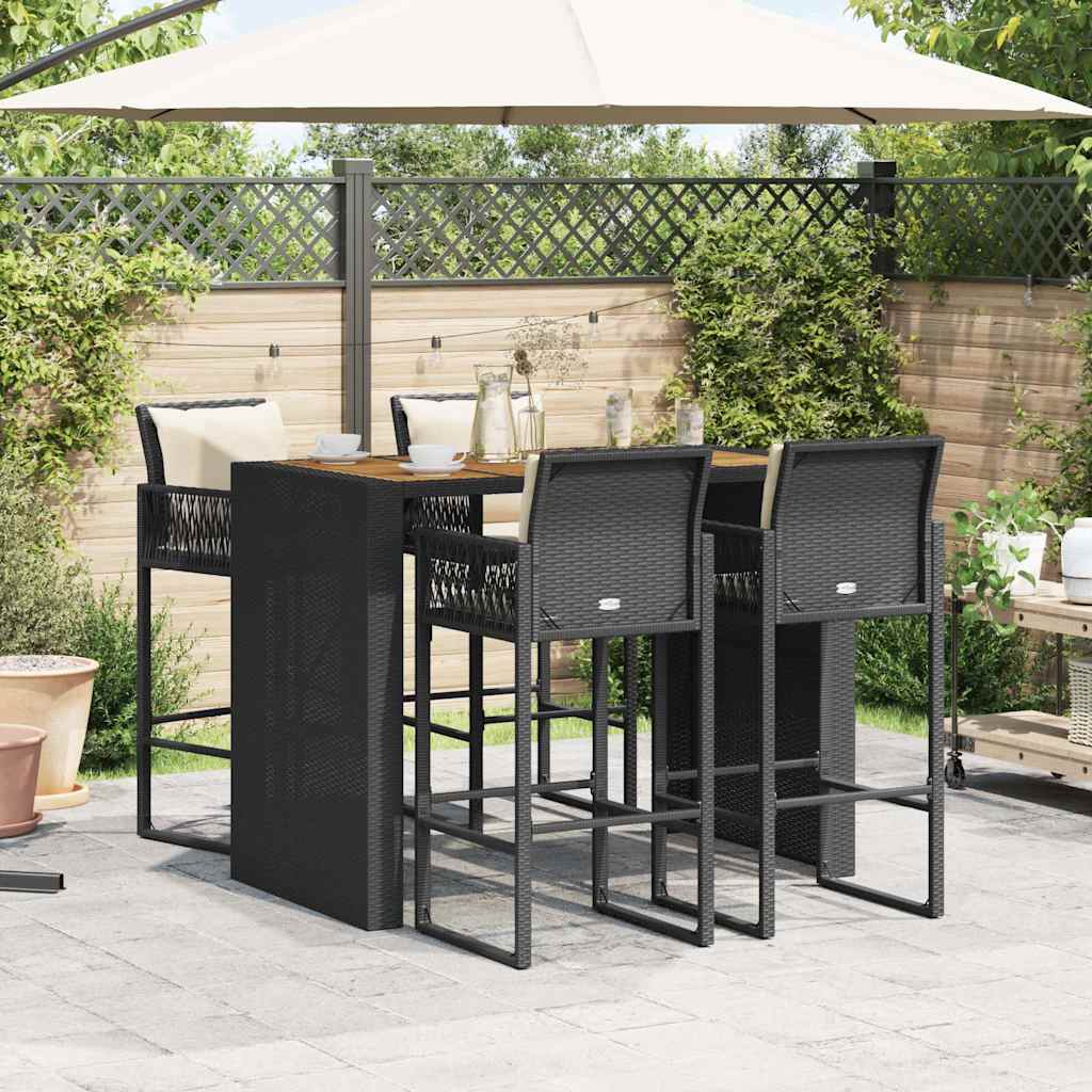 Set mobilier bar de grădină cu perne, 5 piese, negru, poliratan