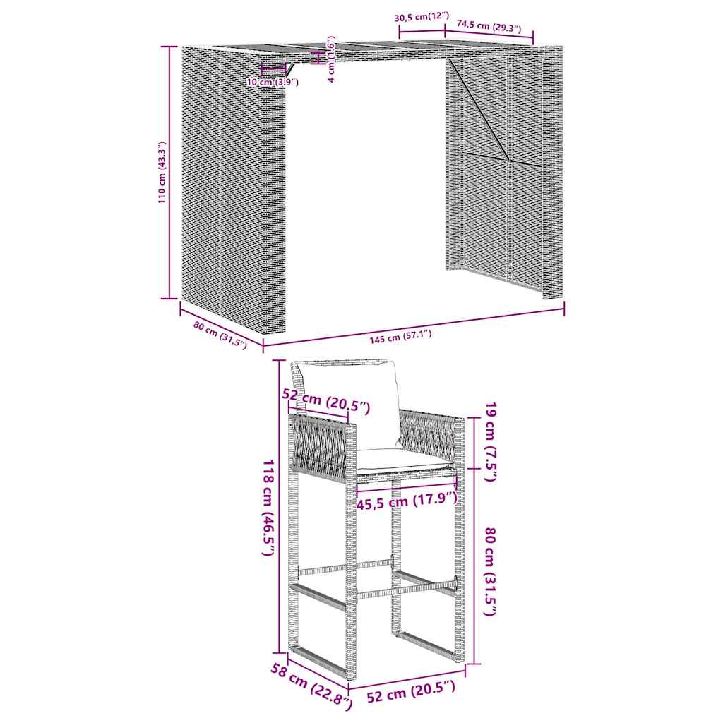 Set mobilier bar de grădină cu perne, 5 piese, negru, poliratan