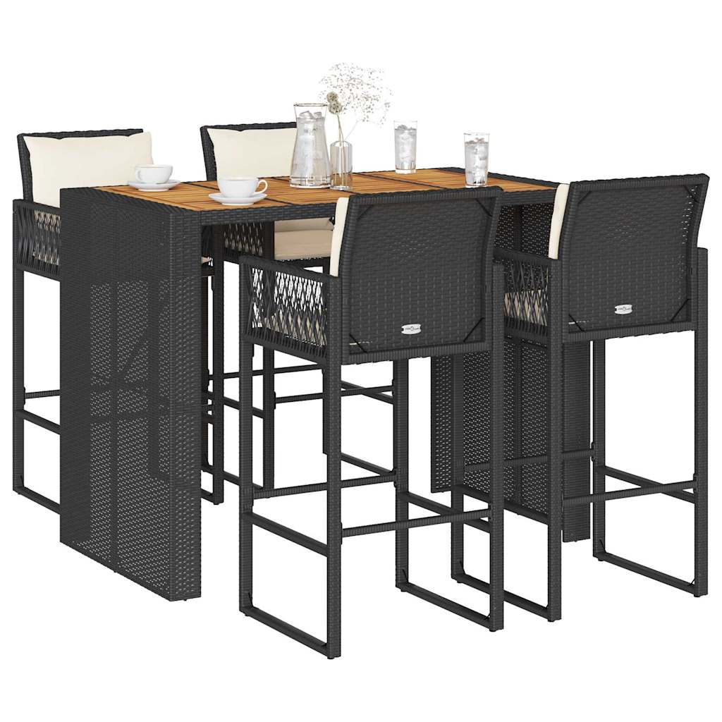 Set mobilier bar de grădină cu perne, 5 piese, negru, poliratan