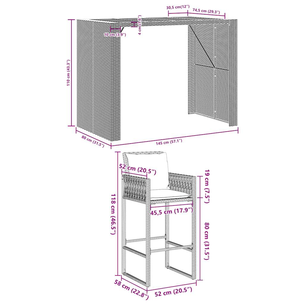 Set mobilier bar de grădină, cu perne, 5 piese, gri, poliratan