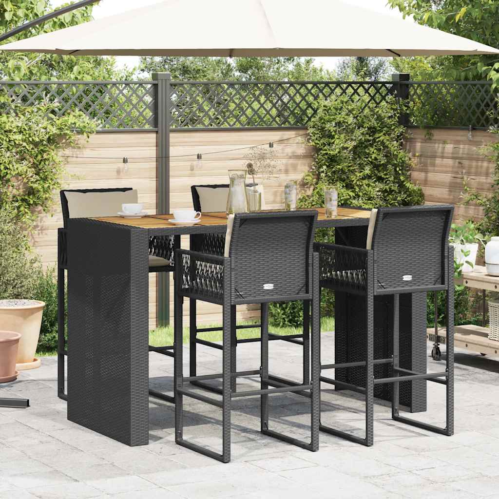 Set mobilier bar de grădină cu perne, 5 piese, negru, poliratan