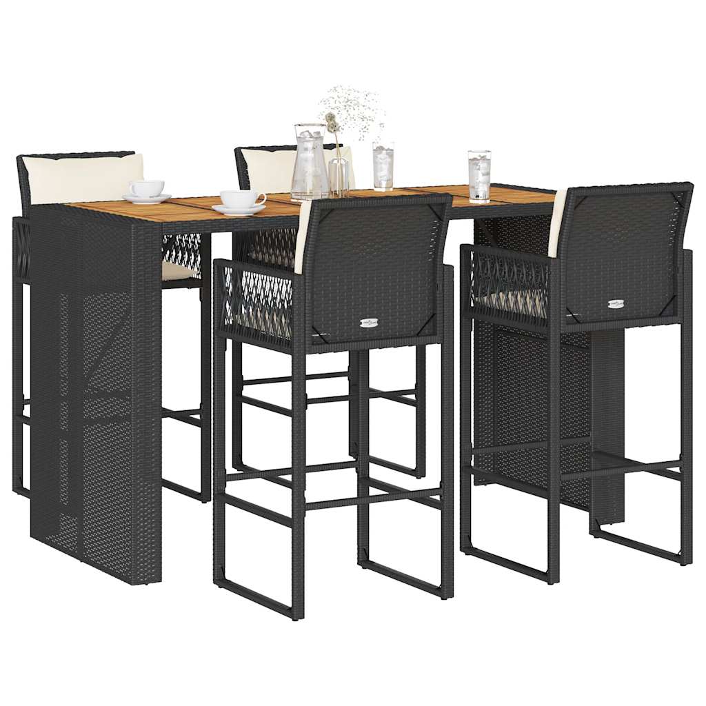 Set mobilier bar de grădină cu perne, 5 piese, negru, poliratan