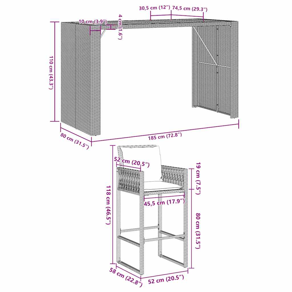 Set mobilier bar de grădină, cu perne, 5 piese, gri, poliratan