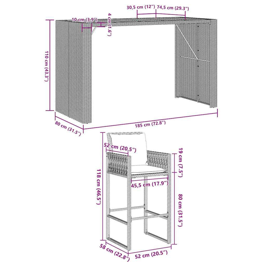 Set mobilier bar de grădină cu perne, 7 piese, gri, poliratan