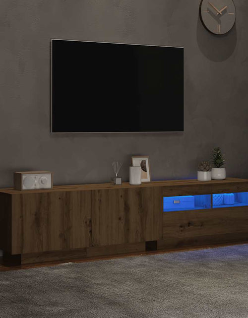 Загрузите изображение в средство просмотра галереи, Dulap TV cu LED stejar artizanal 180x35x40 cm lemn prelucrat
