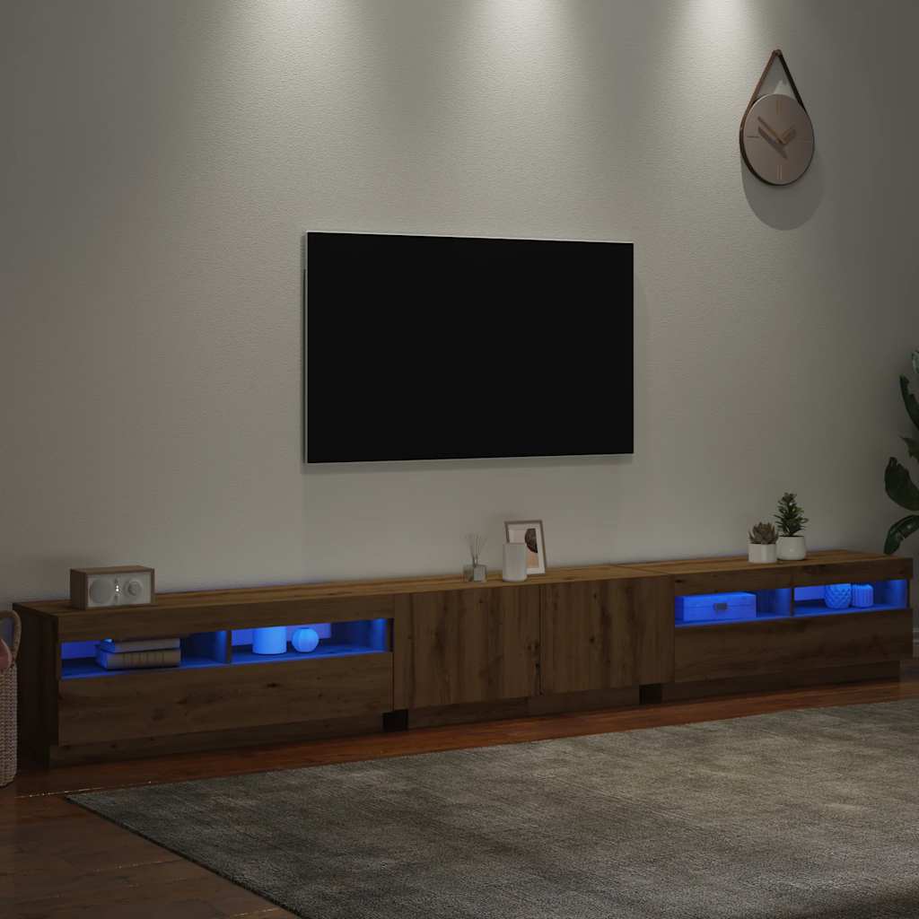 Dulap TV cu LED stejar artizanal 300x35x40 cm lemn prelucrat