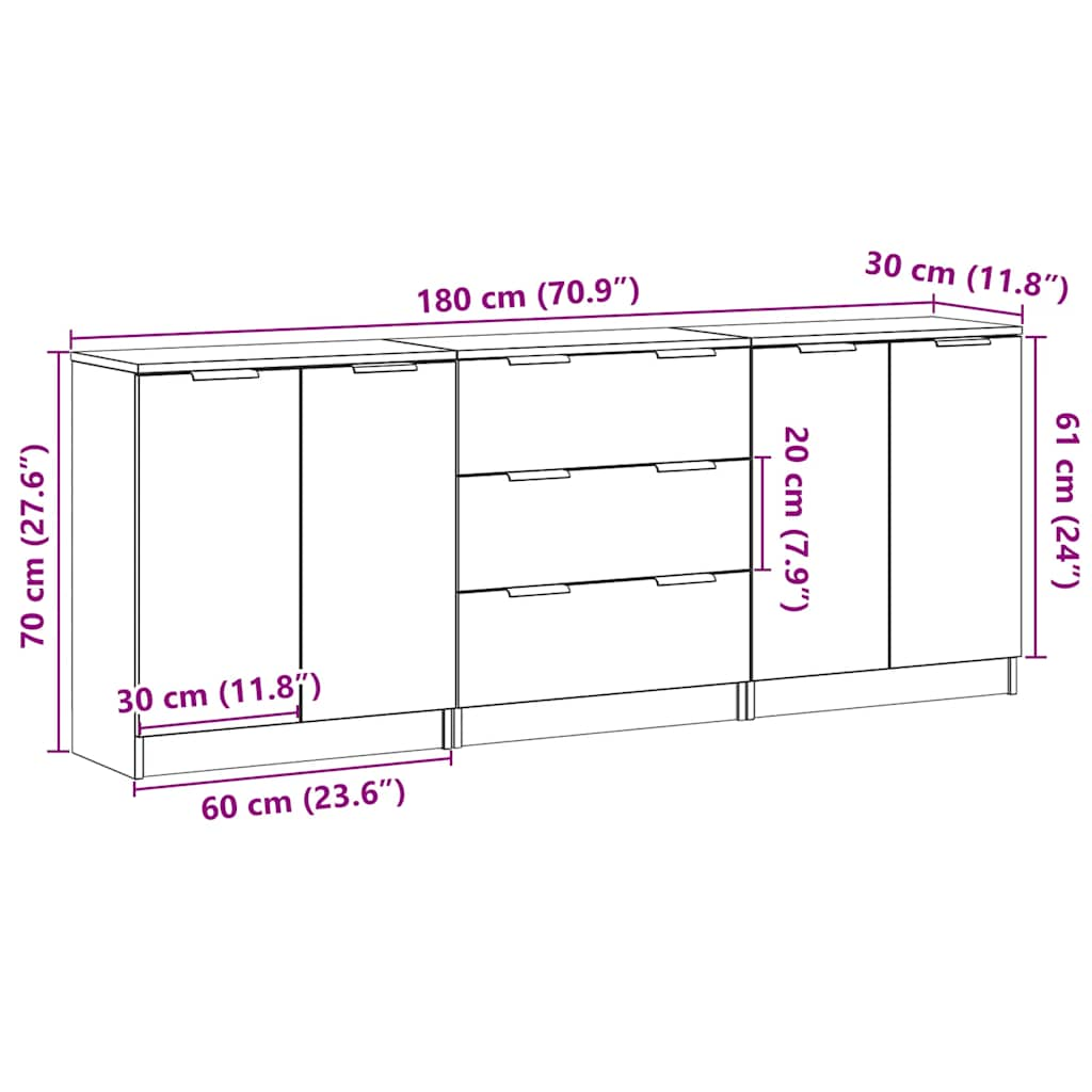 Dulap, 3 buc., stejar artizanal, 60x30x70 cm, lemn prelucrat