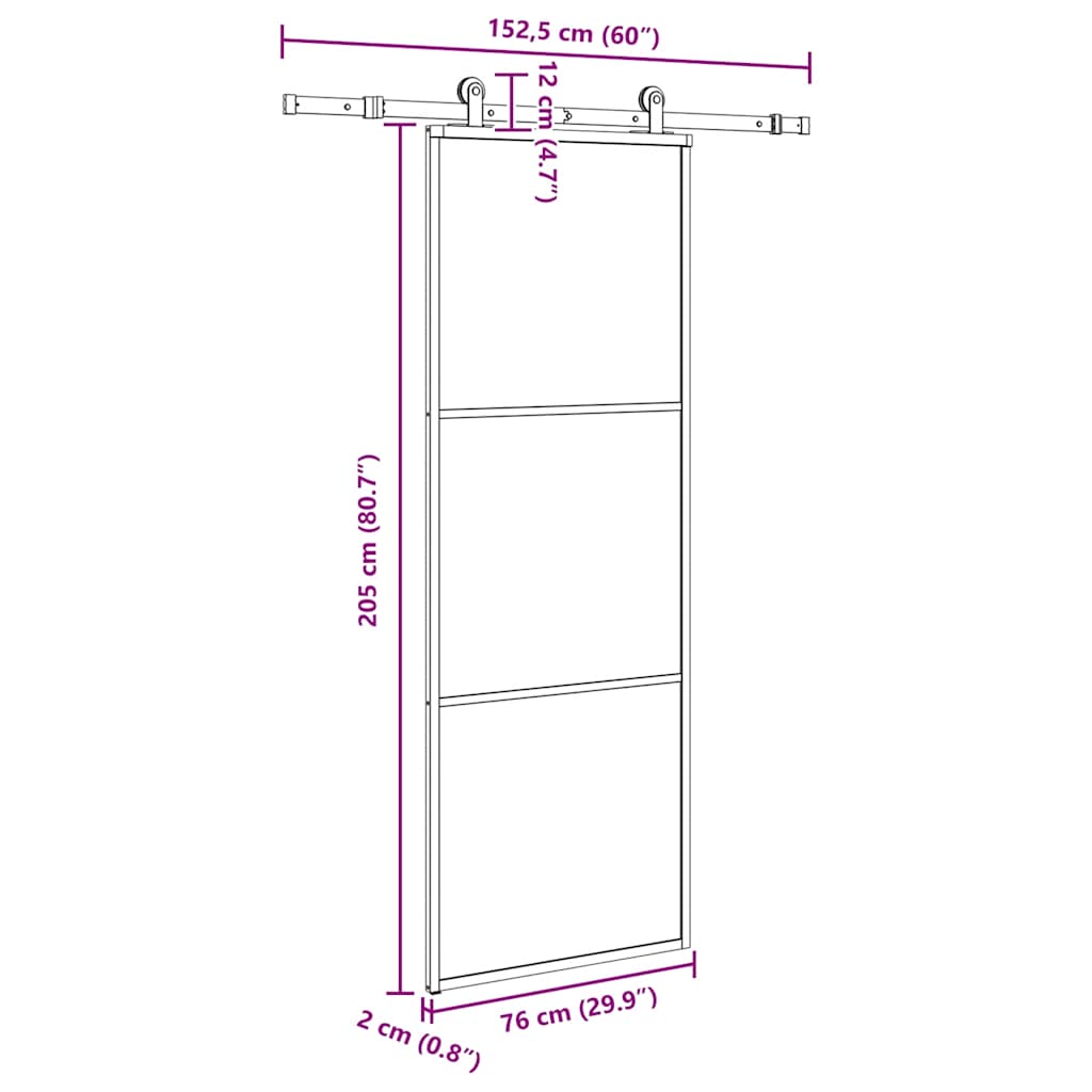 Ușă glisantă cu set feronerie, 76x205 cm, sticlă ESG/aluminiu